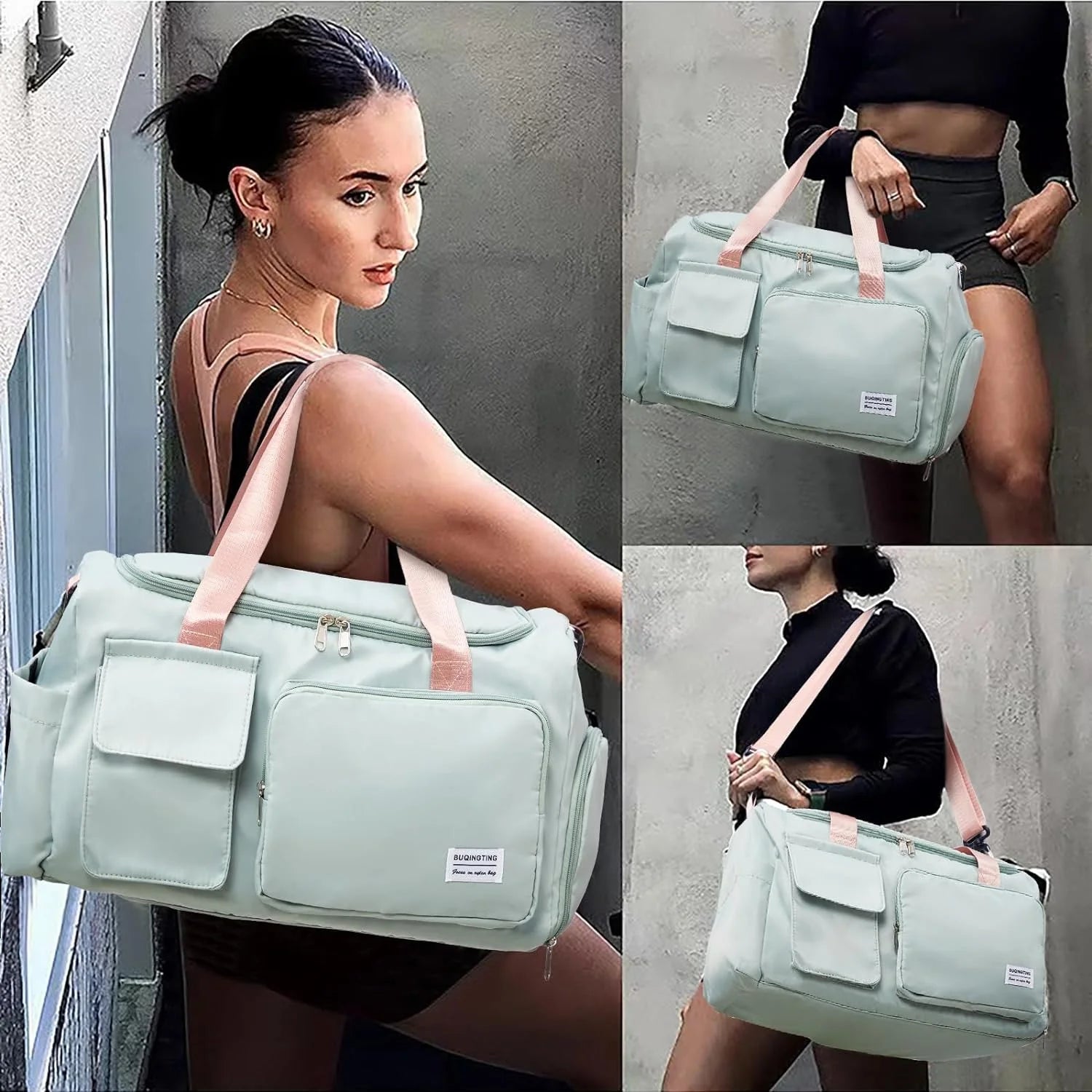 Small Gym Bag for Women, Waterproof Duffle Bag Carry on Weekender Bag with Shoe Compartment & Wet Pocket, Tote Bag for Travel, Workout, Sport